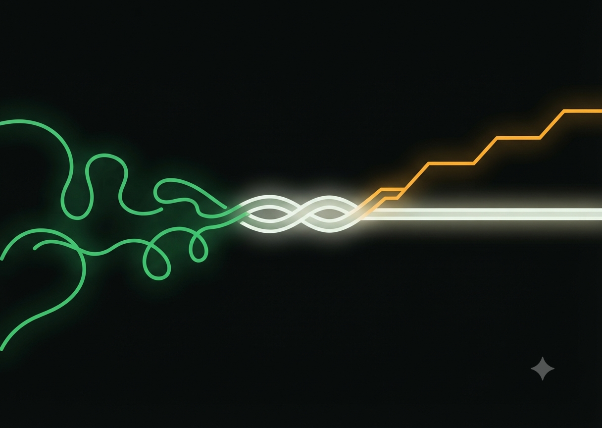 A loose organic green thread and a precise amber thread braid together into one strand of light and continue on