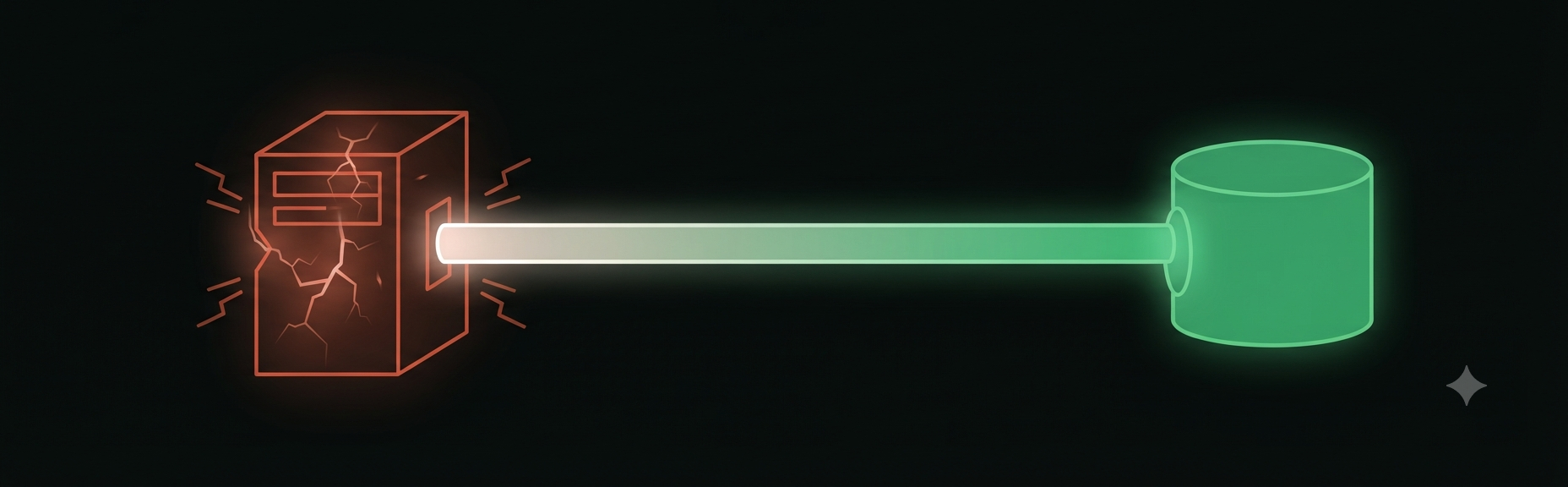 A cracked, strained server sending a beam of light into a calm glowing cylinder